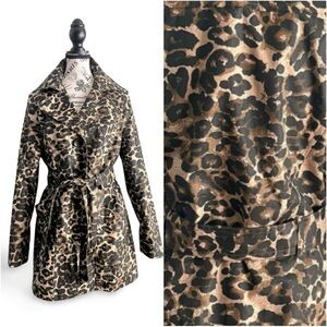 Leopard Print Trench Coat Belted Animal Print Statement Jacket Size Large